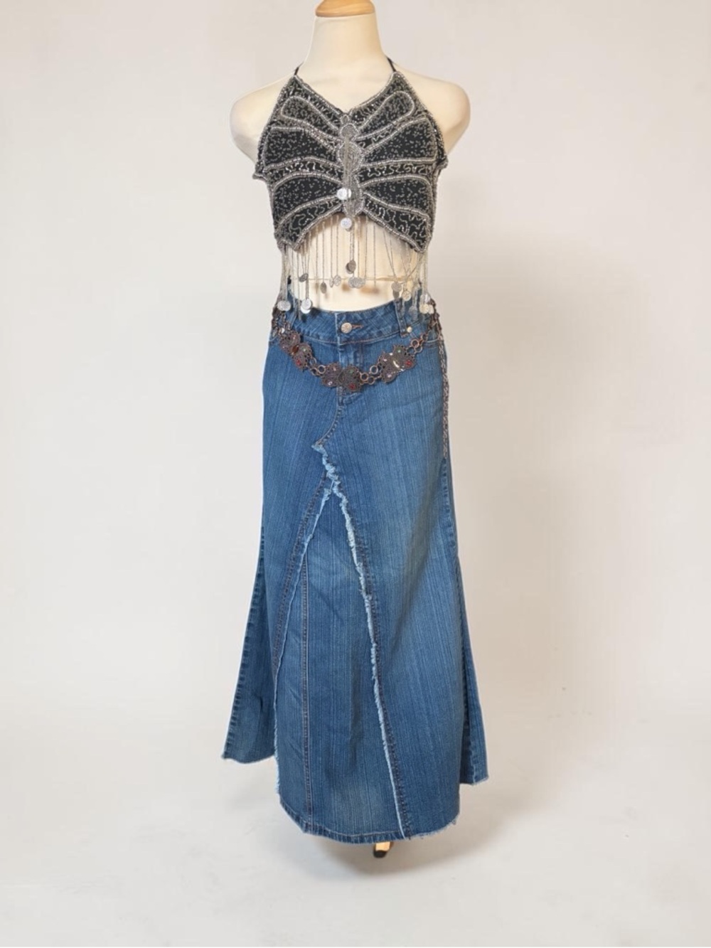 Younique Blue Denim Maxi Skirt with Distressed Panel